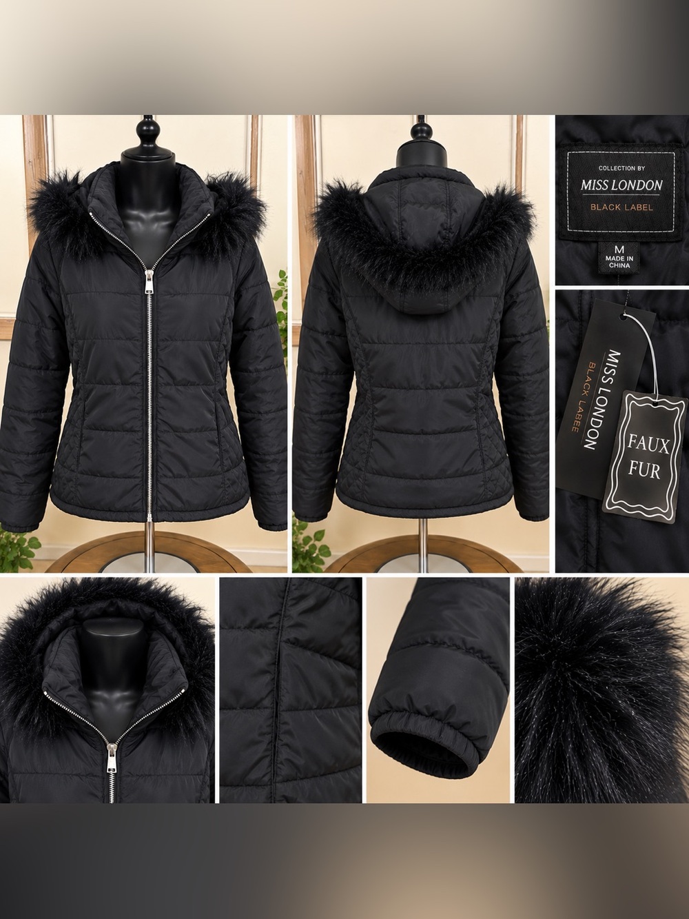 Miss London Black Label Women’s Puffer Jacket Black Faux Fur Hood Size M NWT